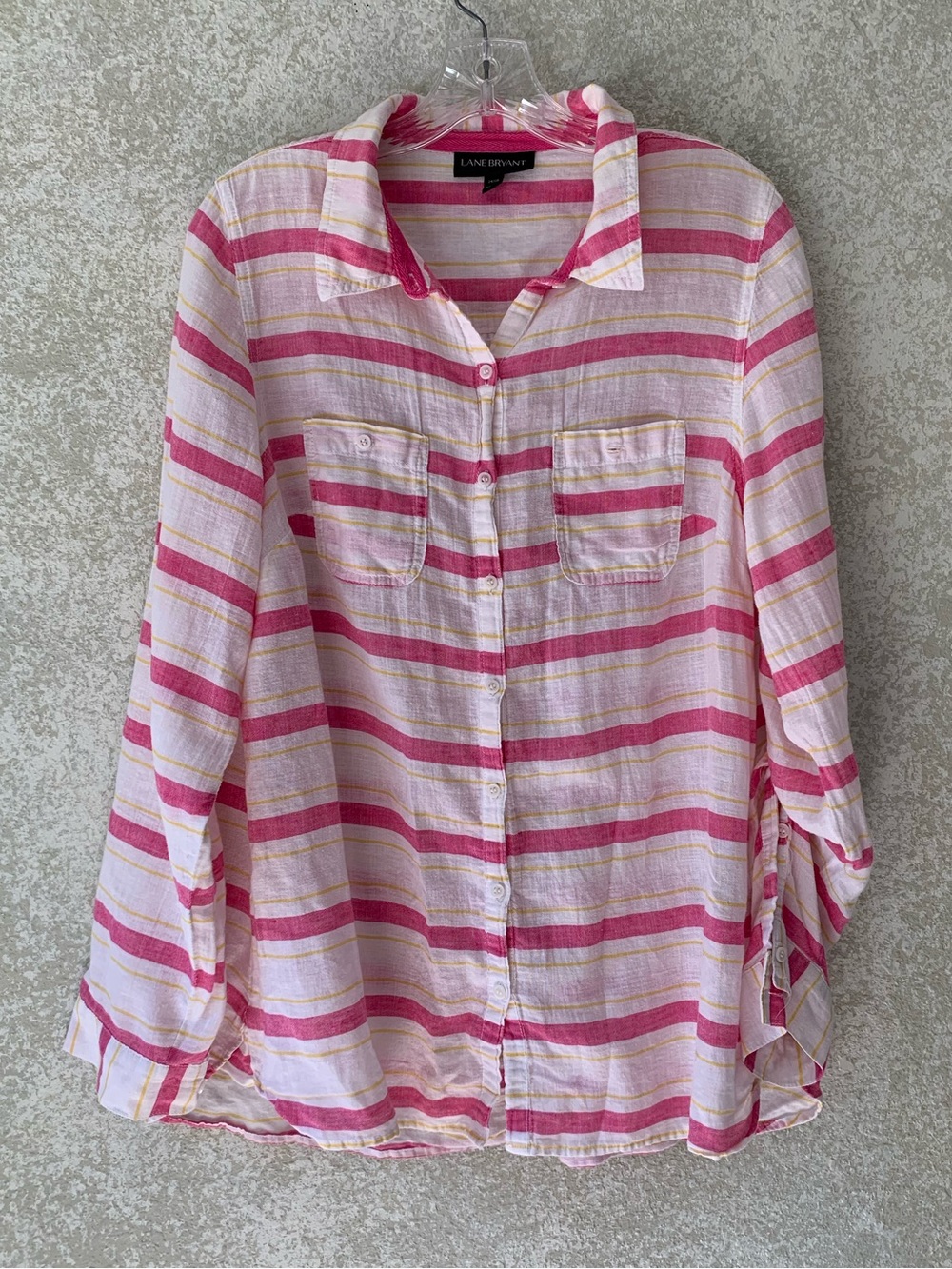 Lane Bryant Pink and White Striped Button-Down Shirt